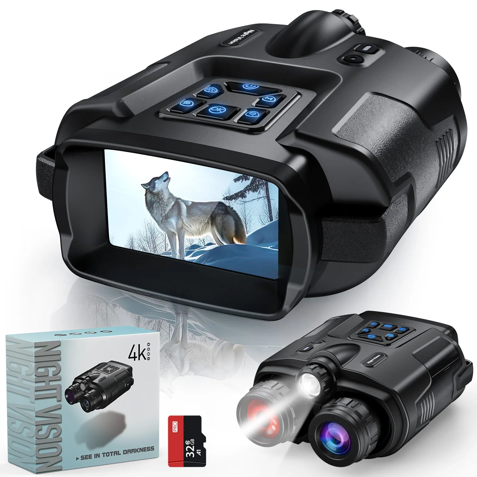 4K Infrared Night Vision Binoculars with 64GB Storage – 8X Digital Zoom & 3" Screen
