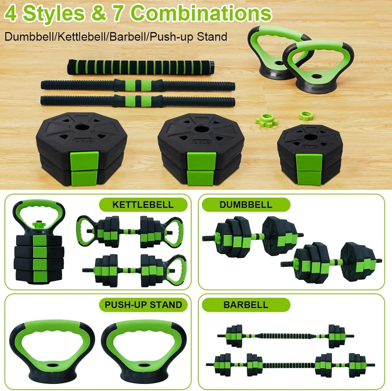 4-in-1 Adjustable Kettlebell &amp; Dumbbell Set – 66lbs/88lbs Home Gym Fitness Kit
