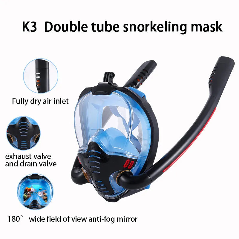 Double Tube Full Dry Snorkeling Mask – Silicone Diving Mask for Adults