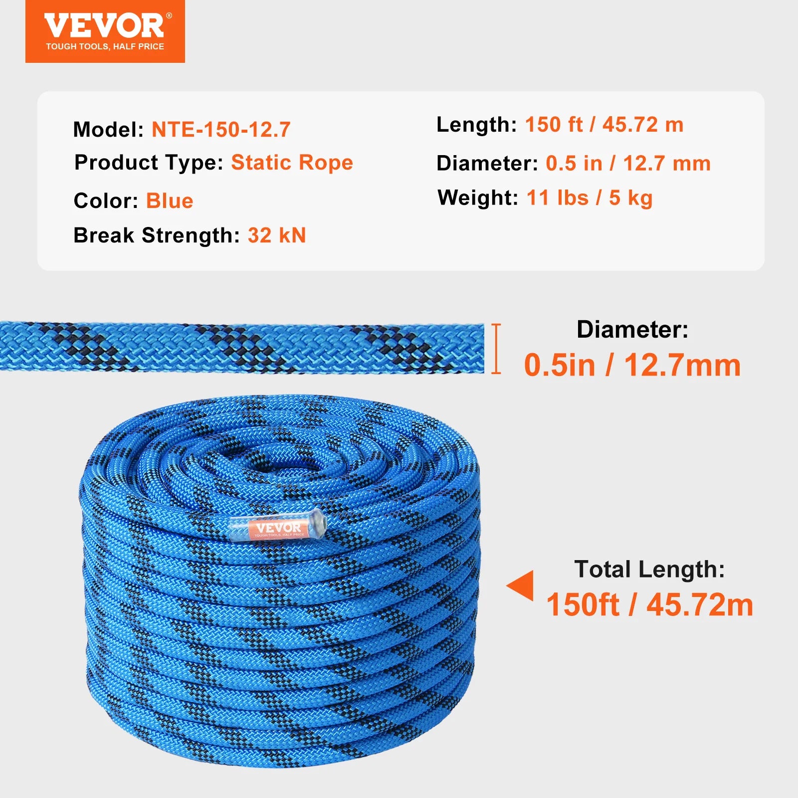VEVOR 12.7mm Static Climbing Rope