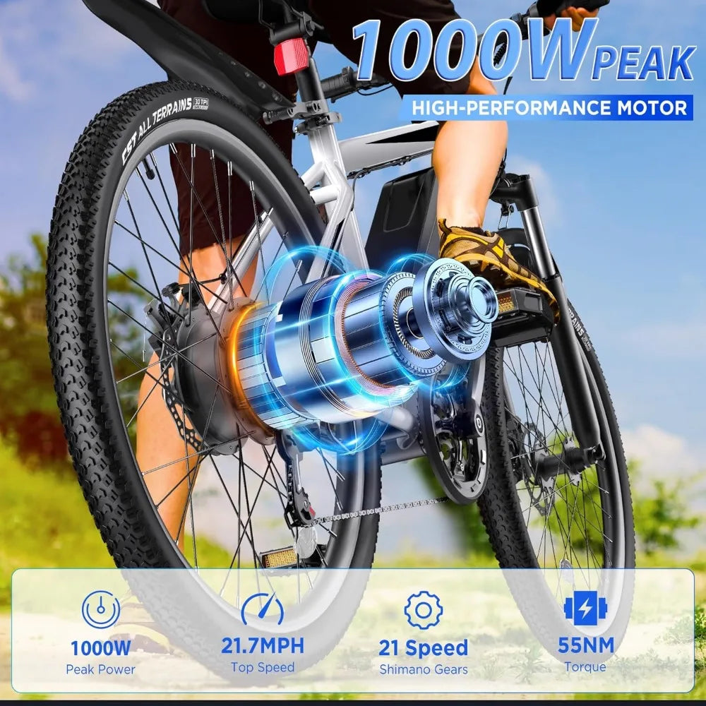 26" 1000W Peak Electric Bike for Adults – Mountain E-Bike with Removable Battery